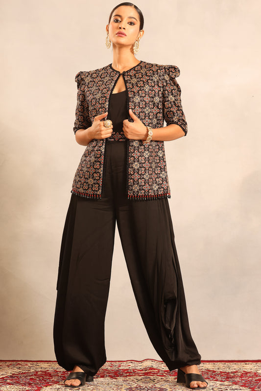 Black side cowl jumpsuit with Ajrakh embellished jacket and waistband