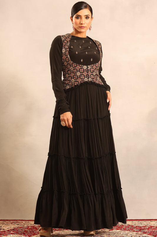 Black ajrakh embroidered full sleeve gathered dress