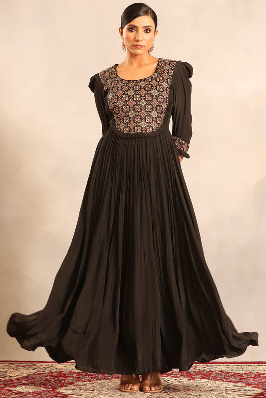 Black embellished ajrakh gathered dress