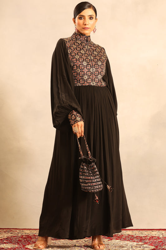 Black ajrakh embellished yoke butterfly sleeve gathered dress