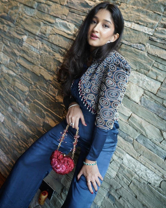 Seher Datta in Blue Jumpsuit with Embellished Ajrakh jacket