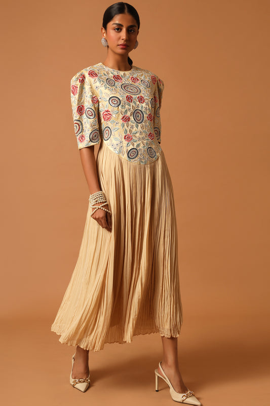 Ivory Embroidered Gathered Dress