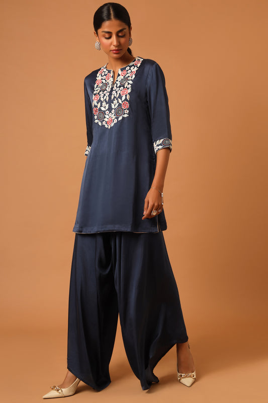 Cobalt blue embroidered Kurta with Asymmetrical pants.