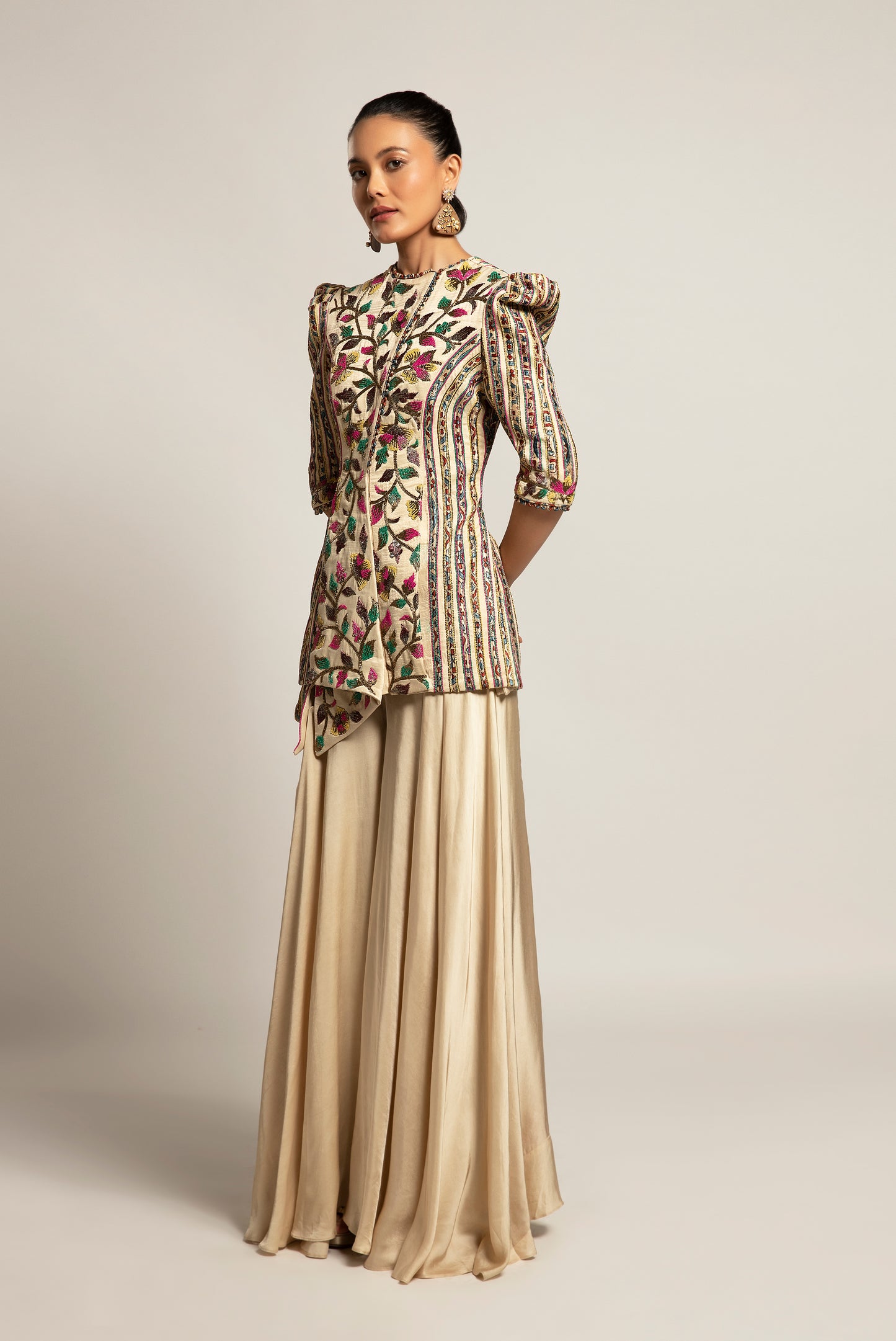Beige draped Jacket and Flared Pant Set
