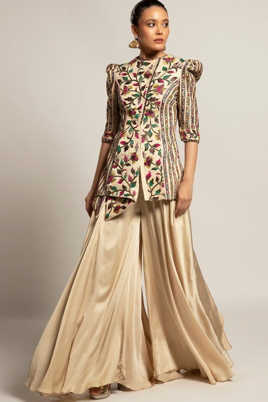 Beige draped Jacket and Flared Pant Set