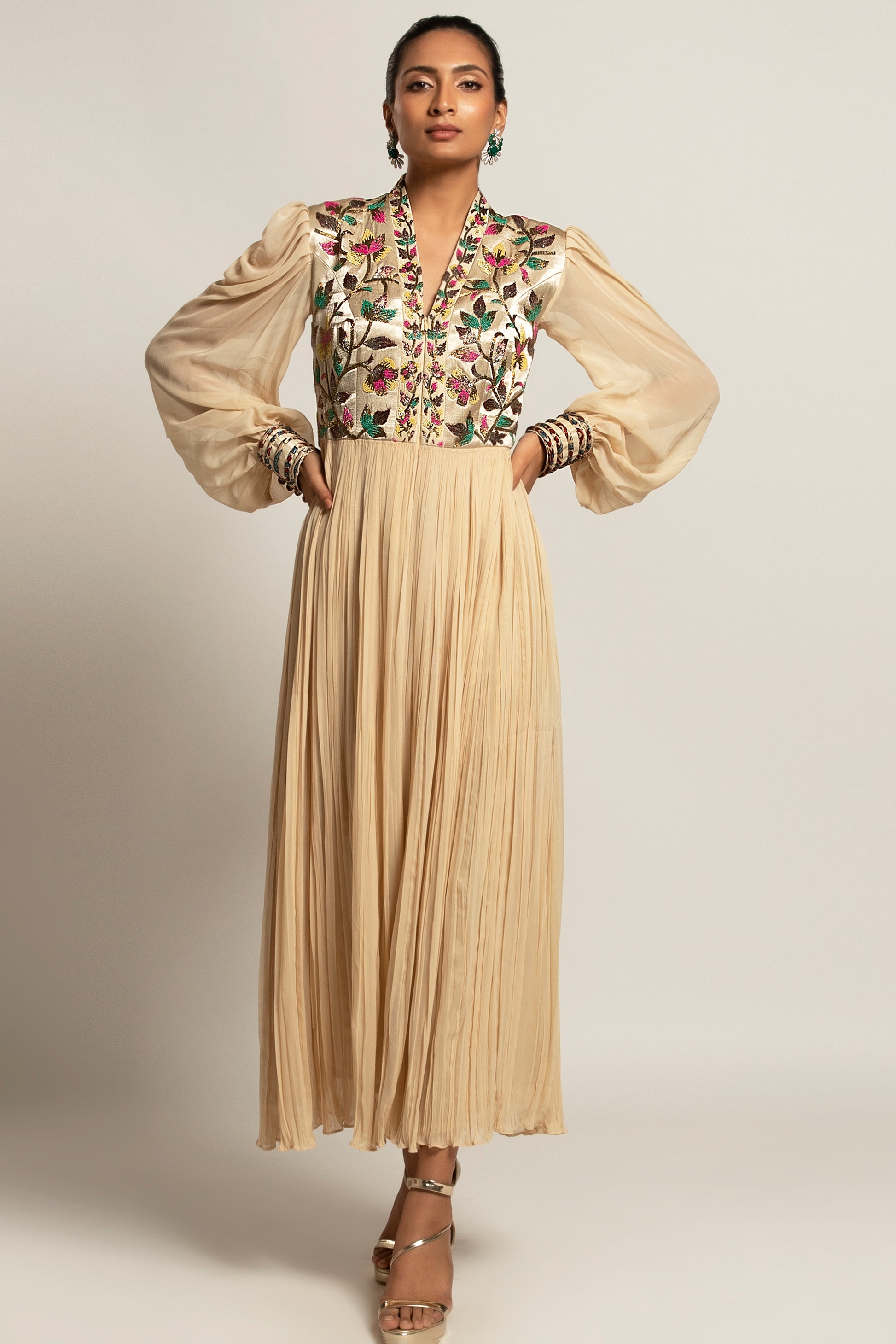 Beige Embroidered Balloon Sleeve Dress Sejal Kamdar Designs Beige Embroidered Balloon Sleeve Dress Sejal Kamdar Designs