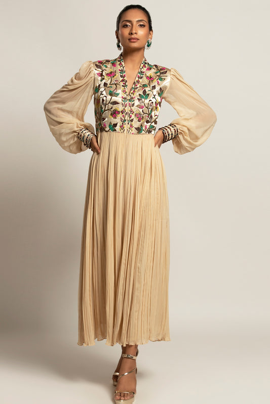 Beige Embroidered Balloon Sleeve Dress