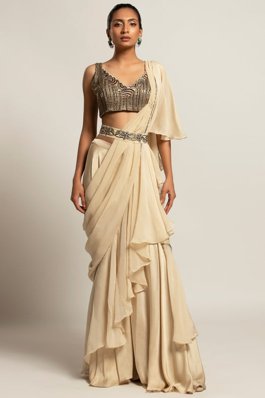 Beige Organza Ruffle Pant Saree with Blouse