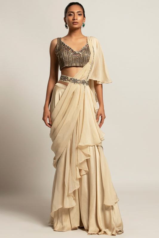 Beige Organza Ruffle Saree with Blouse