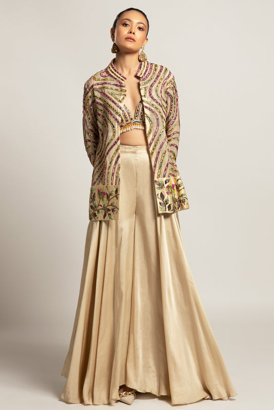 Beige Gajji Silk Stripe Embellished Jacket Flared Pant Set