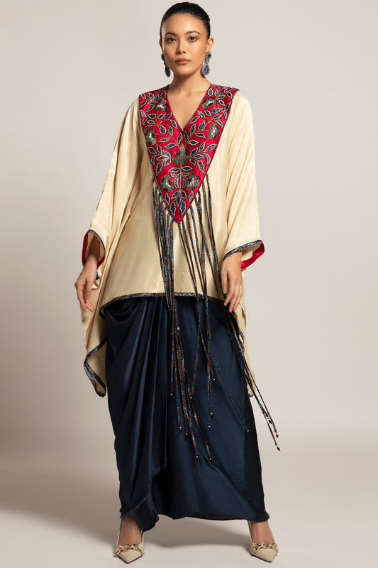 Beige Embellished Kaftan with Skirt