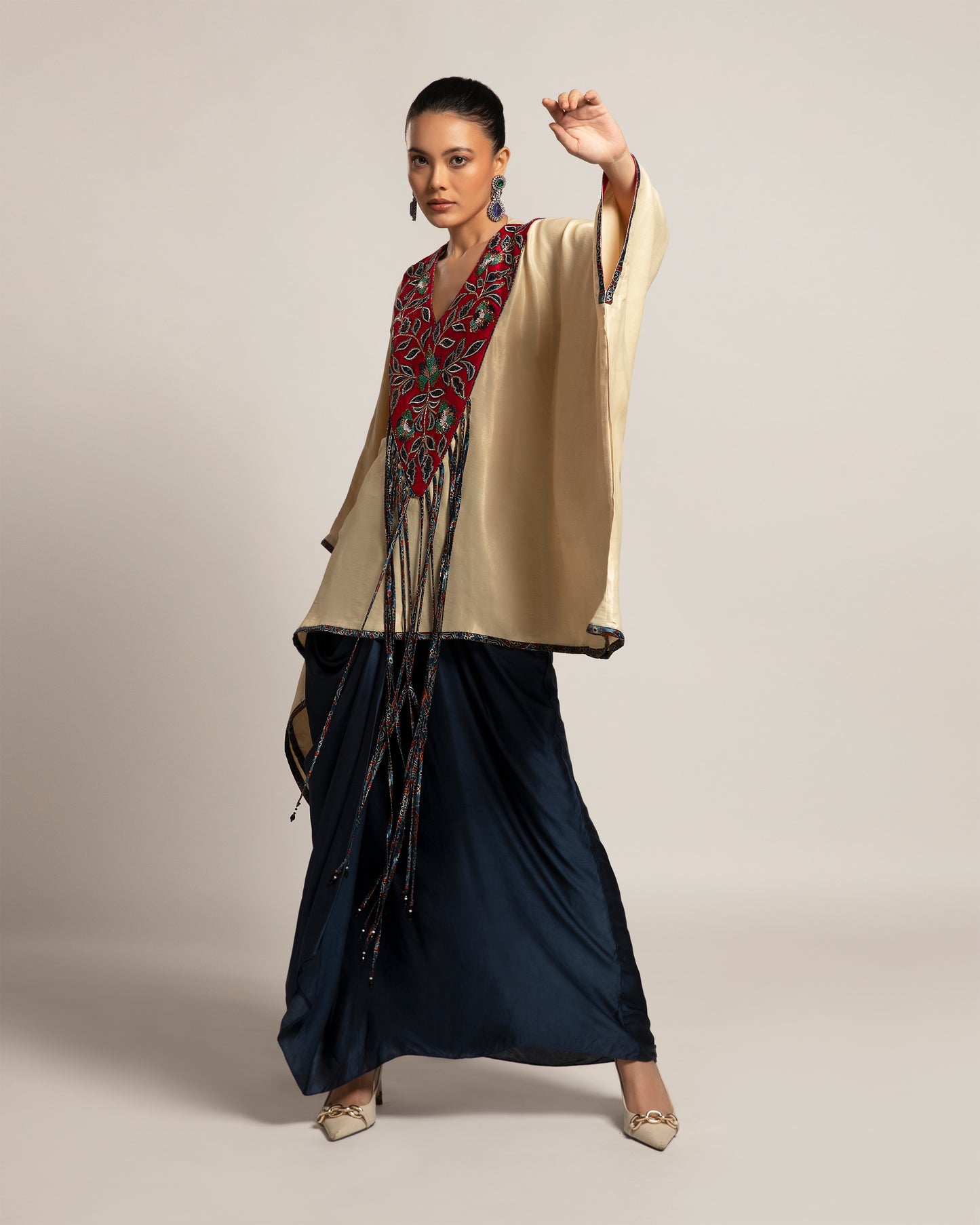 Beige Embellished Kaftan with Skirt