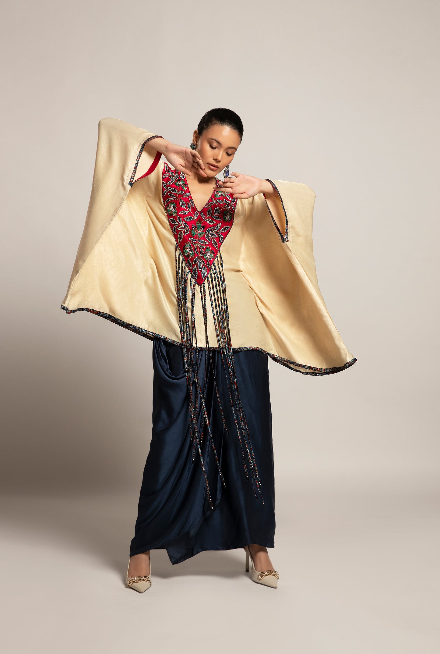 Beige Embellished Kaftan with Skirt