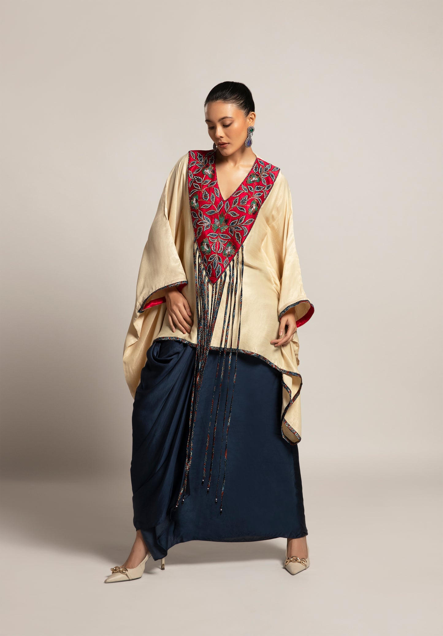 Beige Embellished Kaftan with Skirt