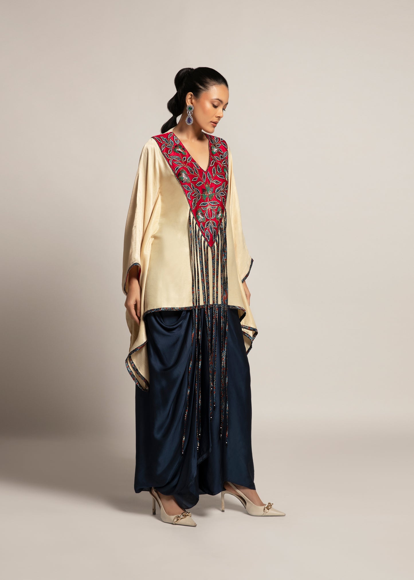 Beige Embellished Kaftan with Skirt