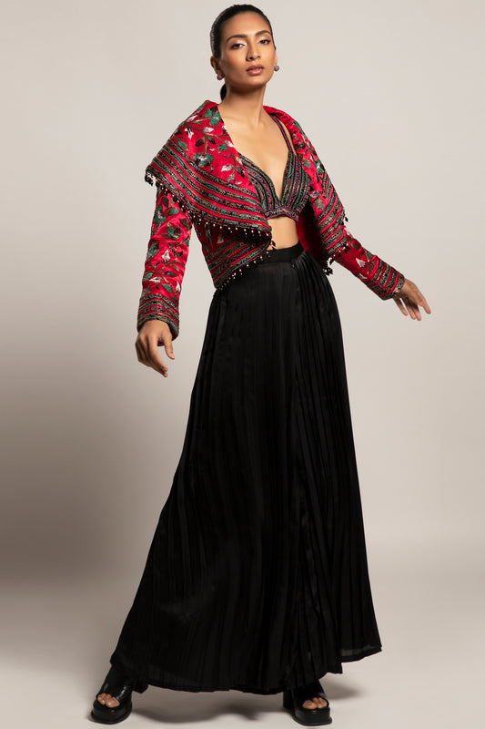 Black Leaf Embellished Cape Pant Set