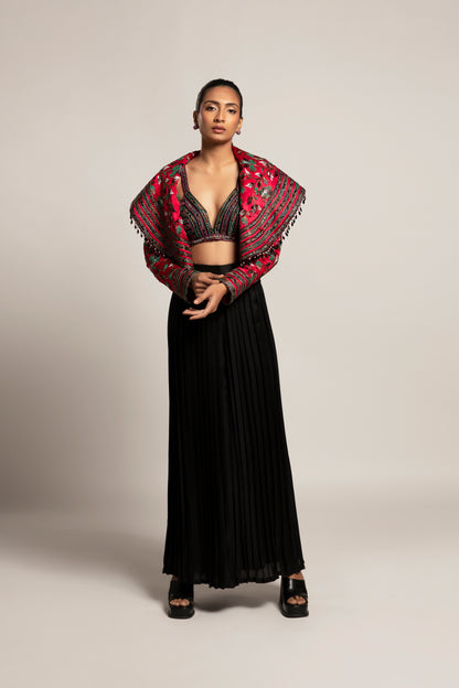 Black Leaf Embellished Cape Pant Set