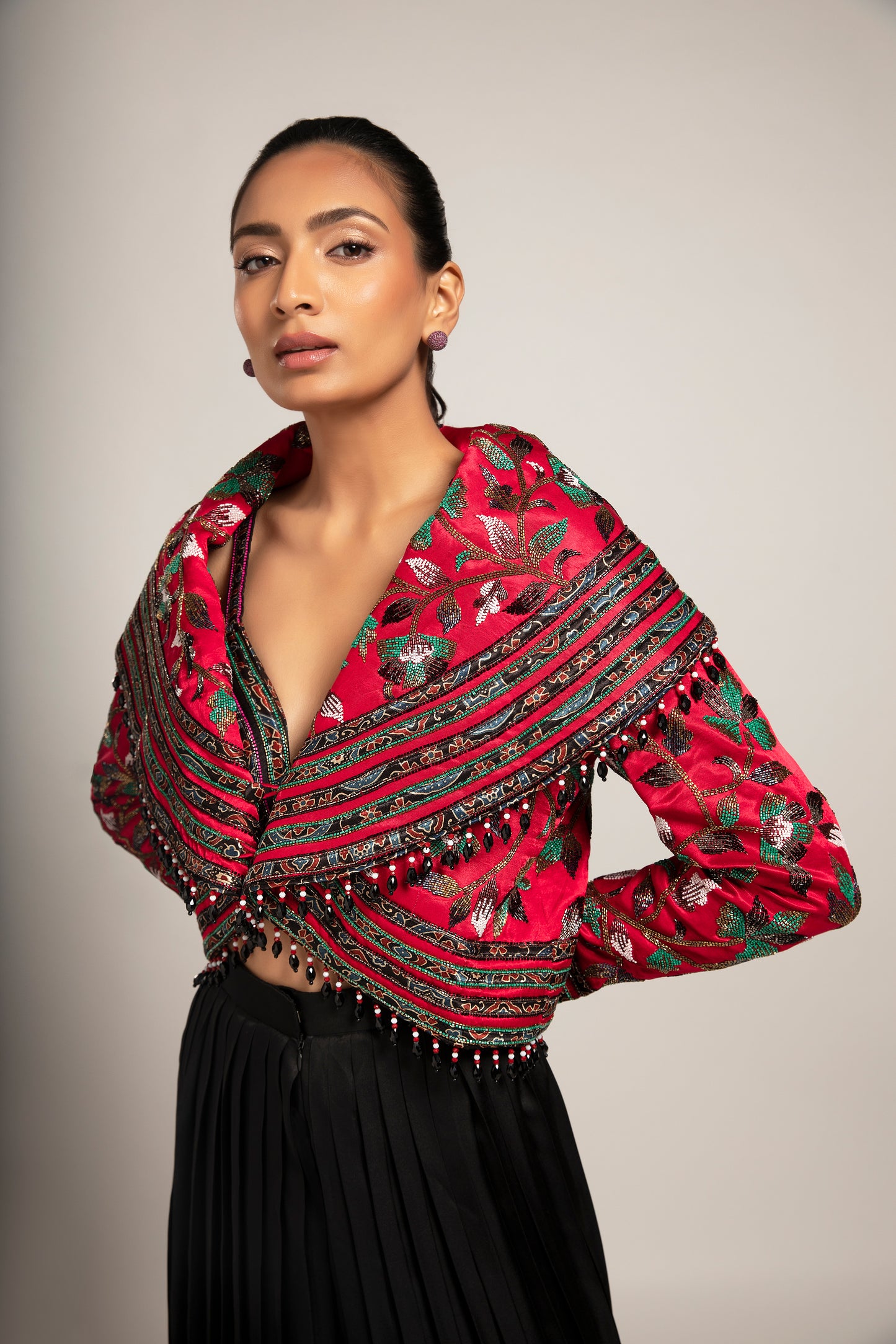 Black Leaf Embellished Cape Pant Set
