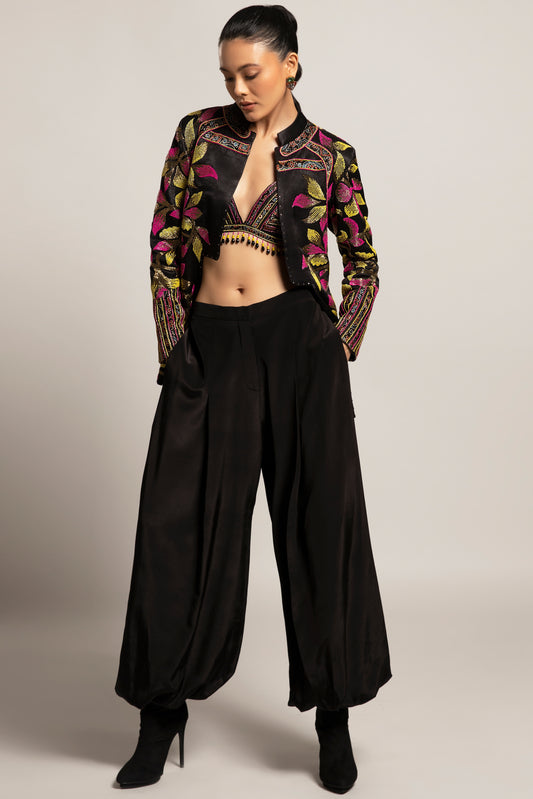 Black Gajji Silk Leaf Embellished Jacket Pant Set