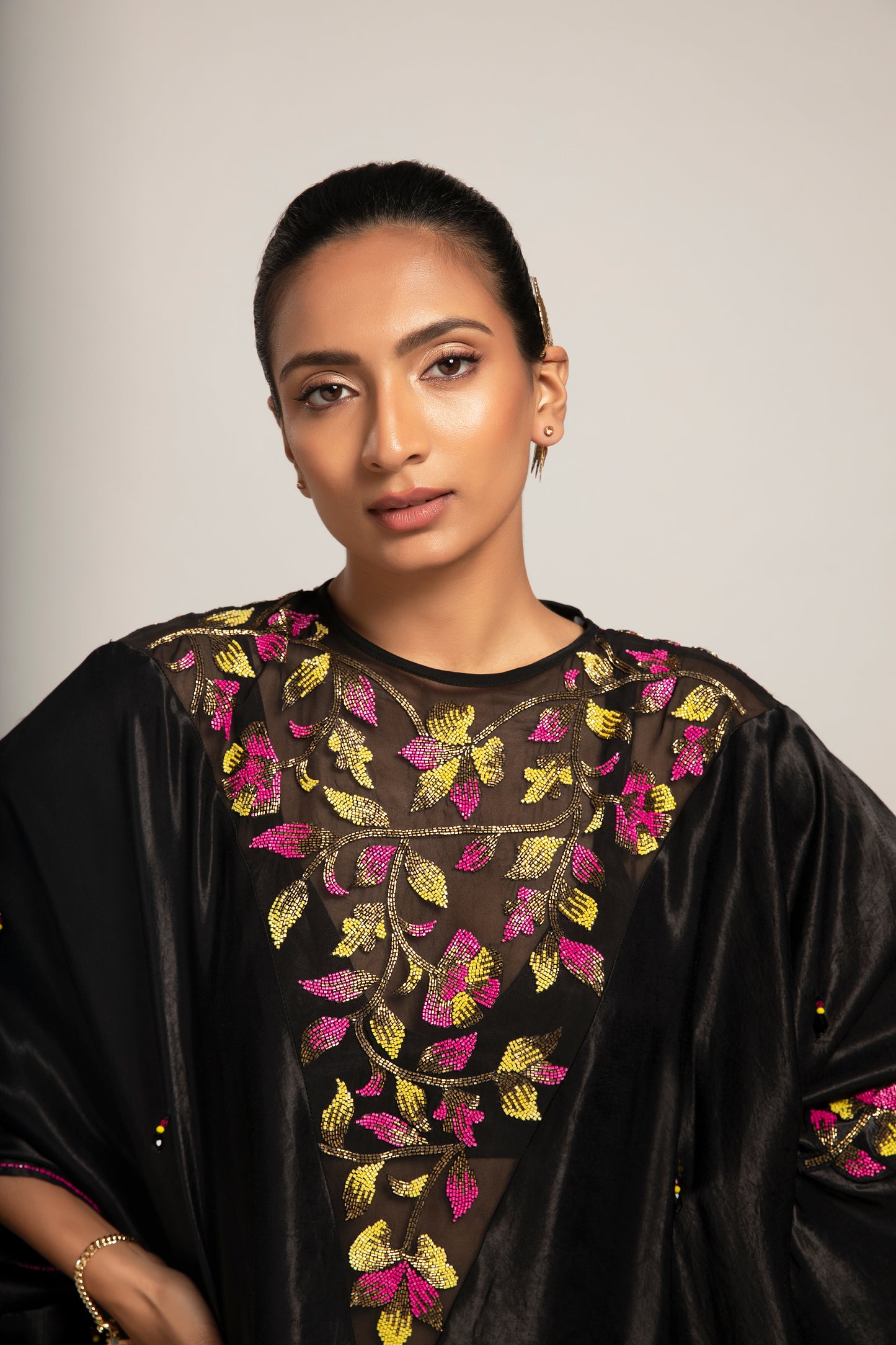 Black Organza Embellished Kaftan