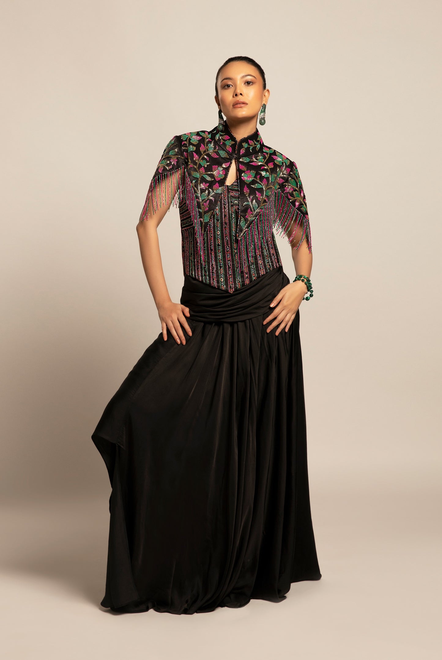 Black Embellished Short Jacket and corset with  Draped Skirt Set