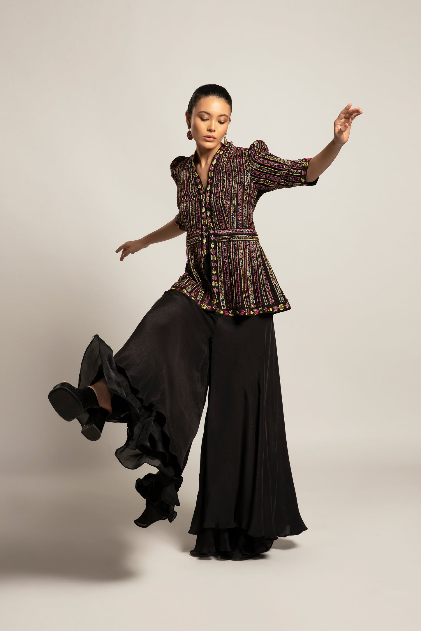 Black Strip Embellished Peplum Top and Flared Pant Set