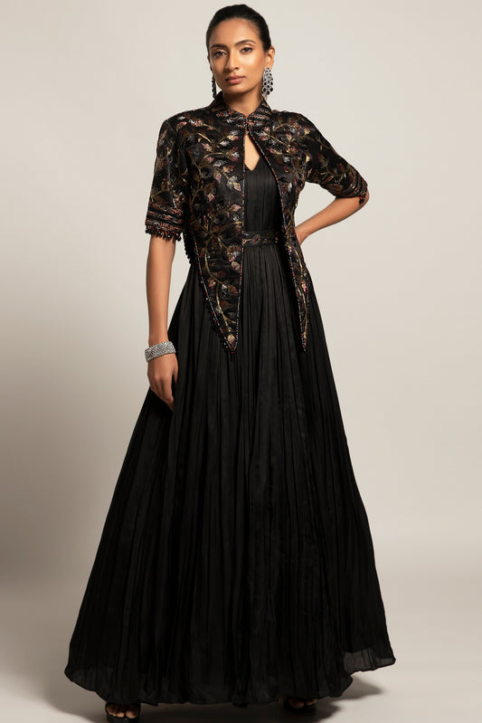 Black Gathered Gown with Embellished Jacket