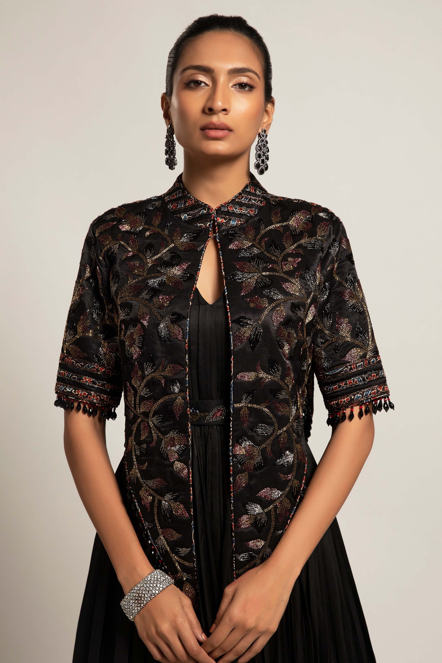 Black Gathered Gown with Embellished Jacket