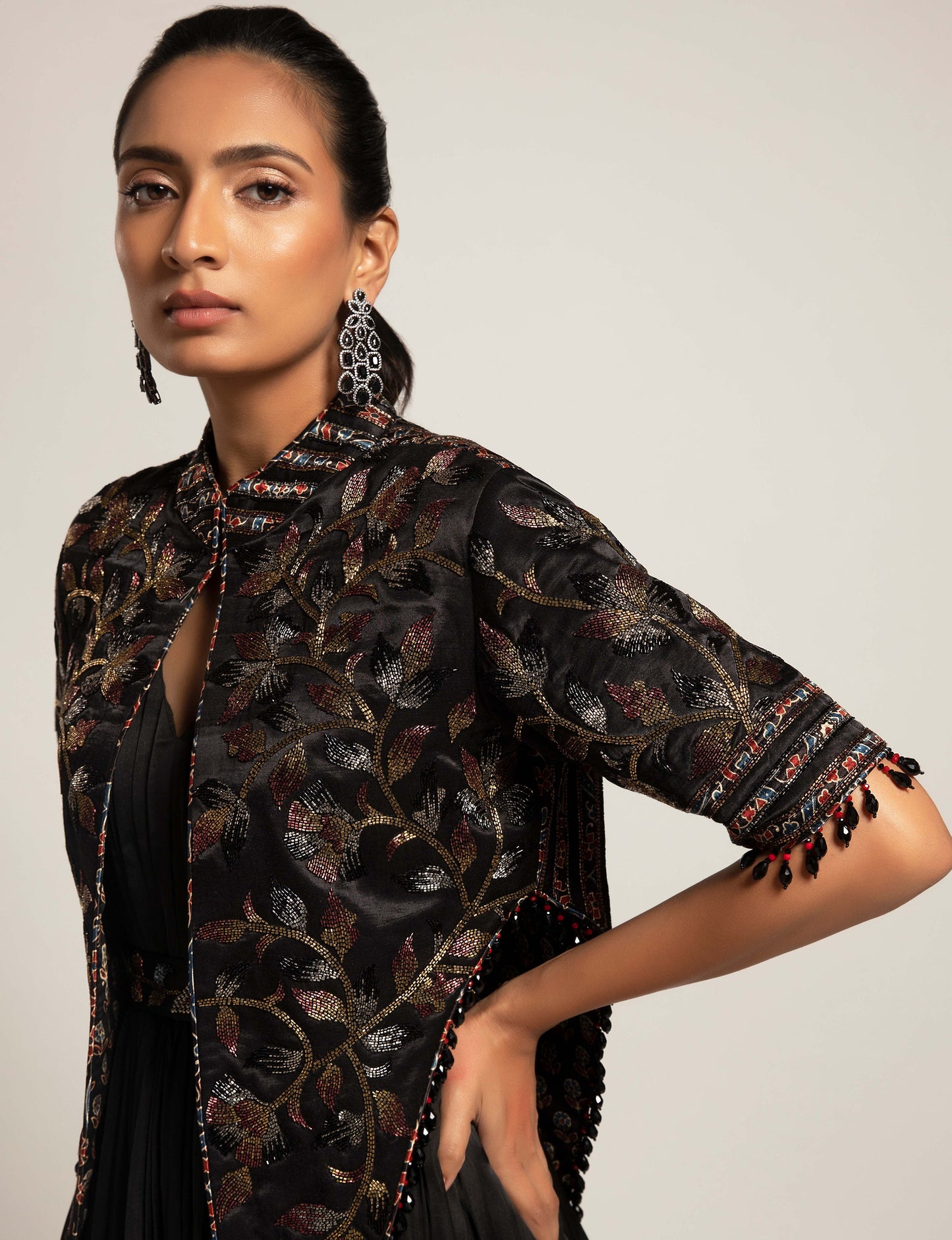 Black Gathered Gown with Embellished Jacket