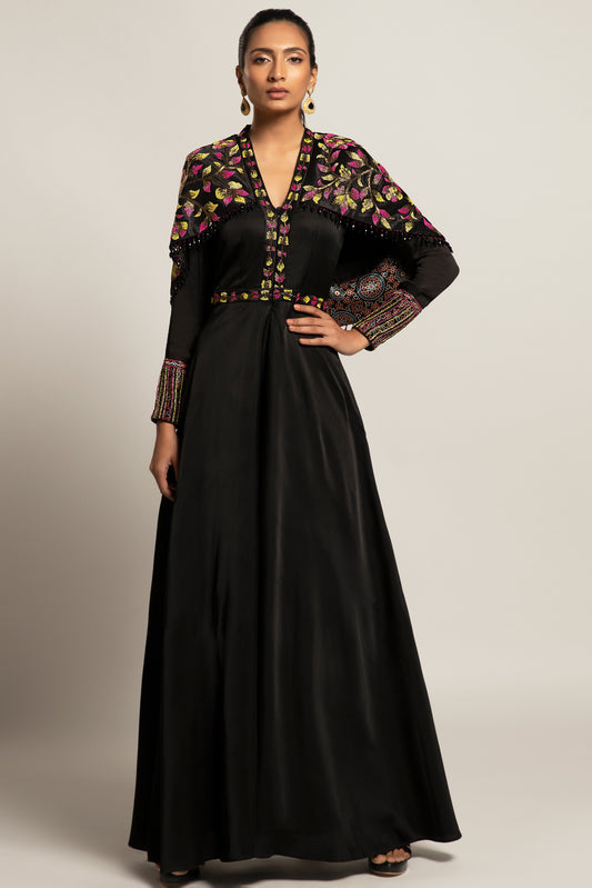 Black Gajji Silk Embellished Cape Jumpsuit