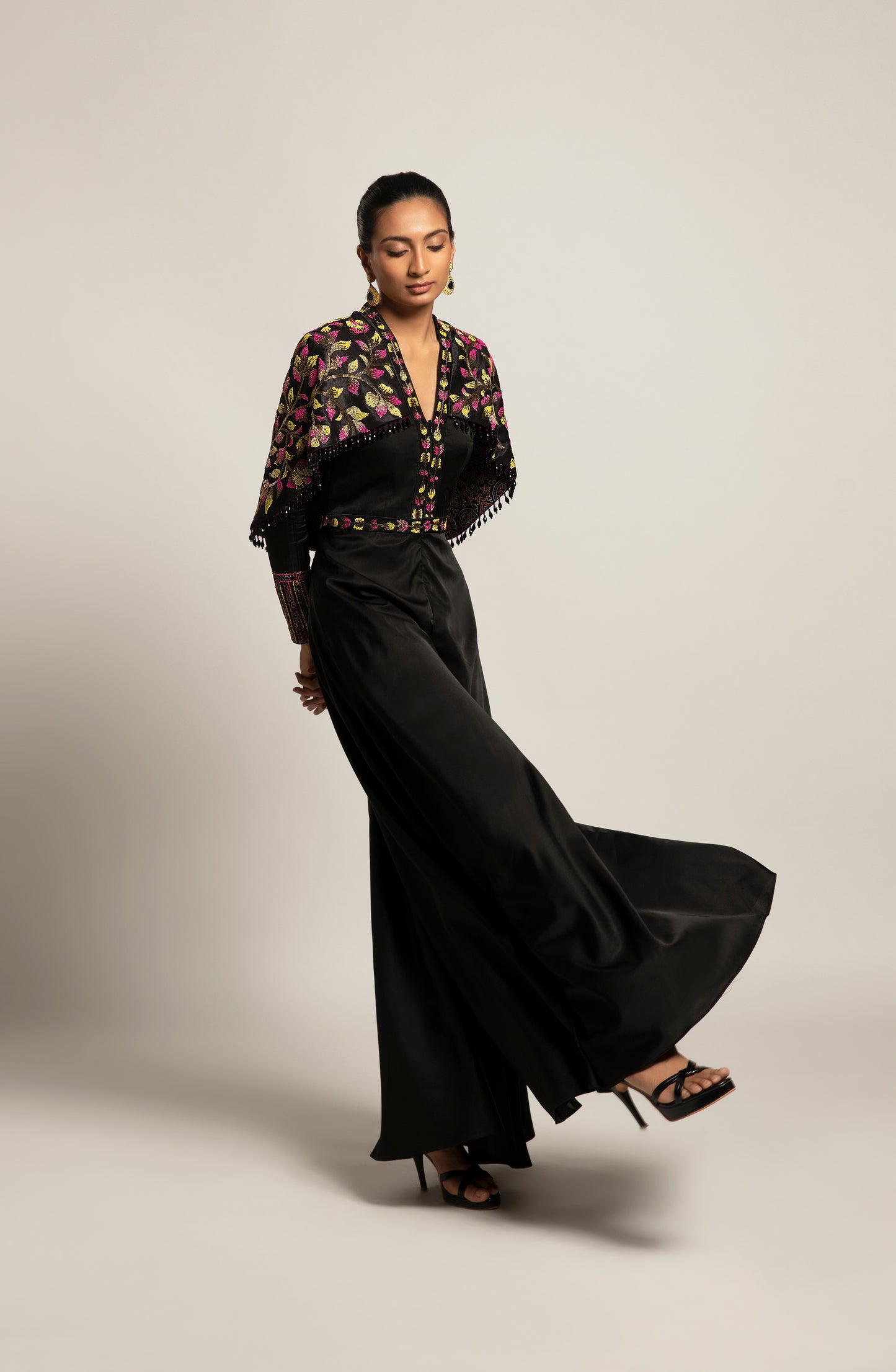 Black Gajji Silk Embellished Cape Jumpsuit