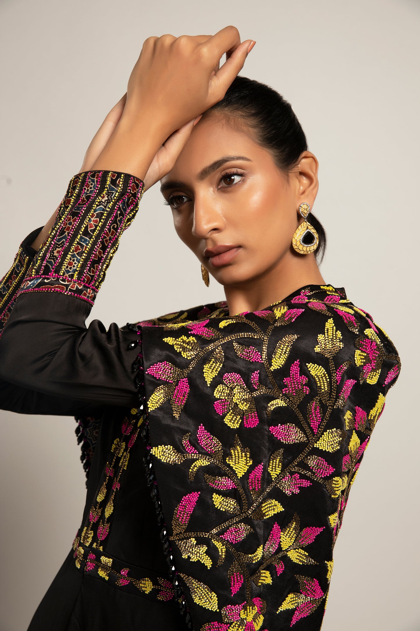 Black Gajji Silk Embellished Cape Jumpsuit
