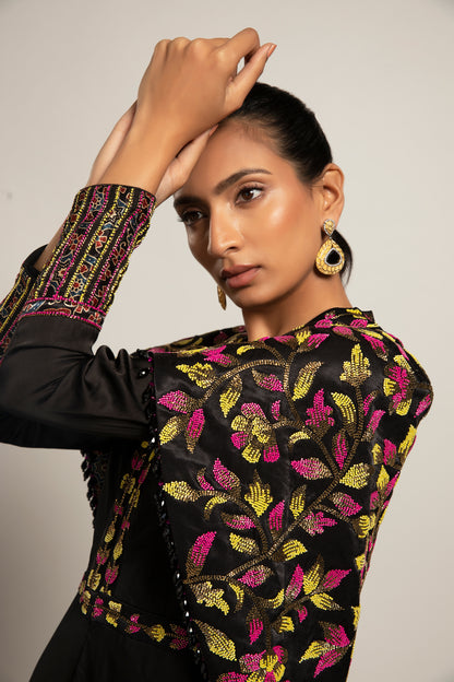 Black Gajji Silk Embellished Cape Jumpsuit