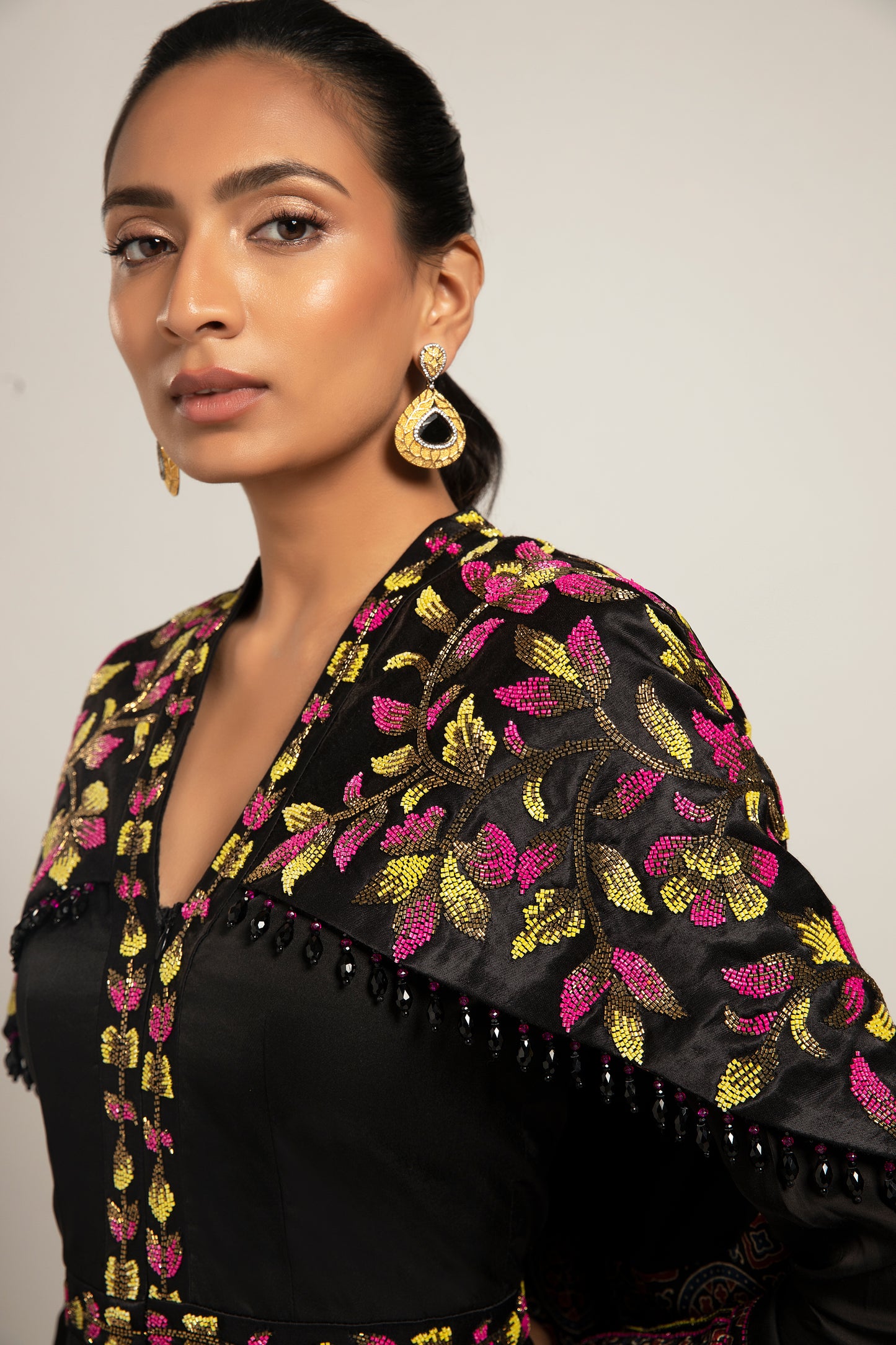 Black Gajji Silk Embellished Cape Jumpsuit