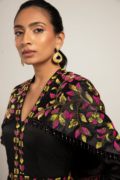 Black Gajji Silk Embellished Cape Jumpsuit