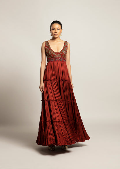 Maroon Ajrakh Embroidered Layered Gown
