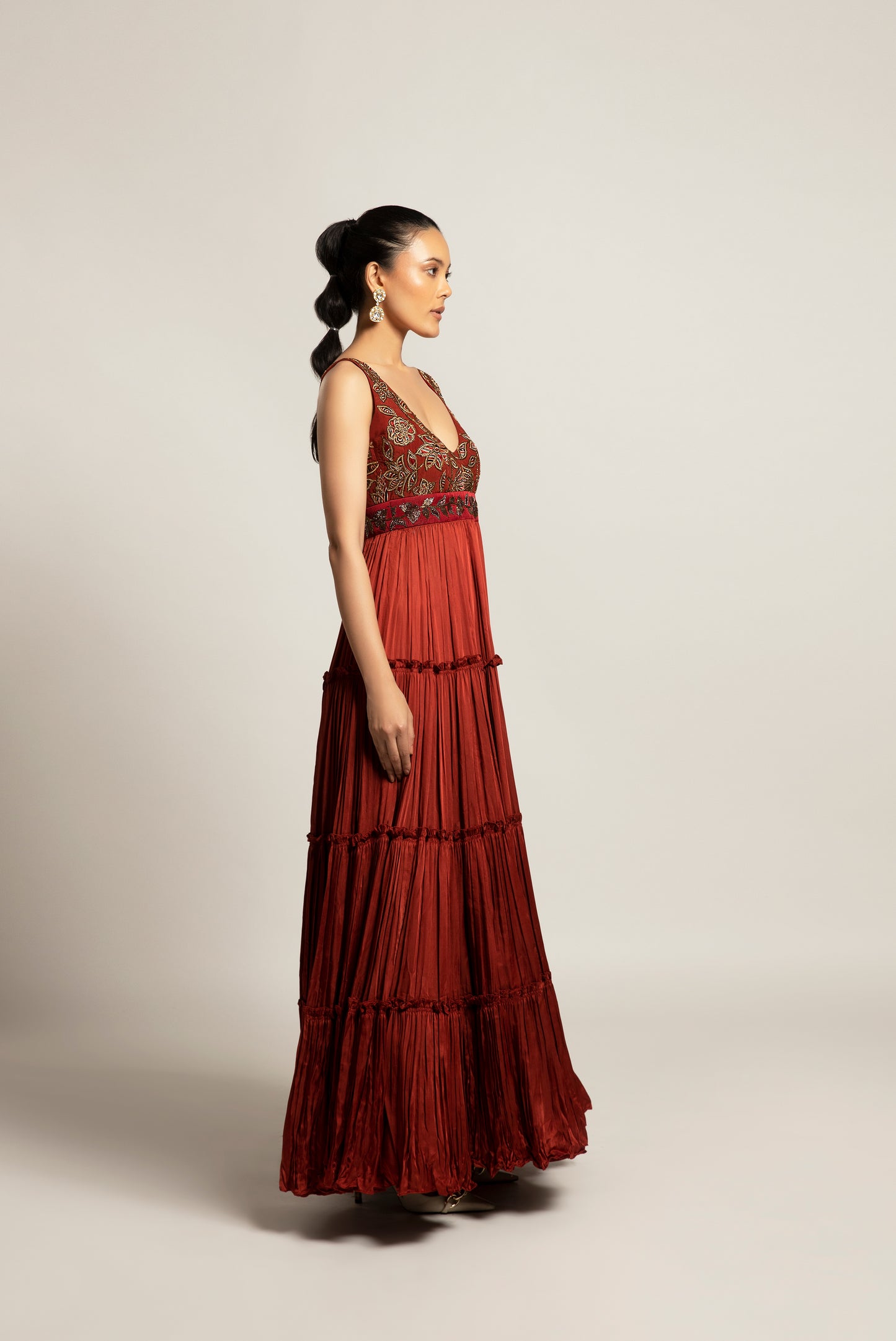 Maroon Ajrakh Embroidered Layered Gown