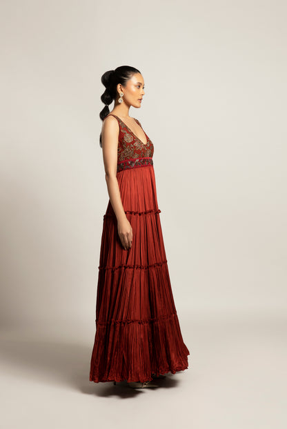 Maroon Ajrakh Embroidered Layered Gown