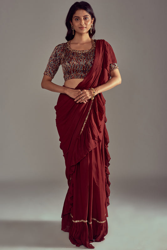 Varundhara Ajrakh Ruffled saree