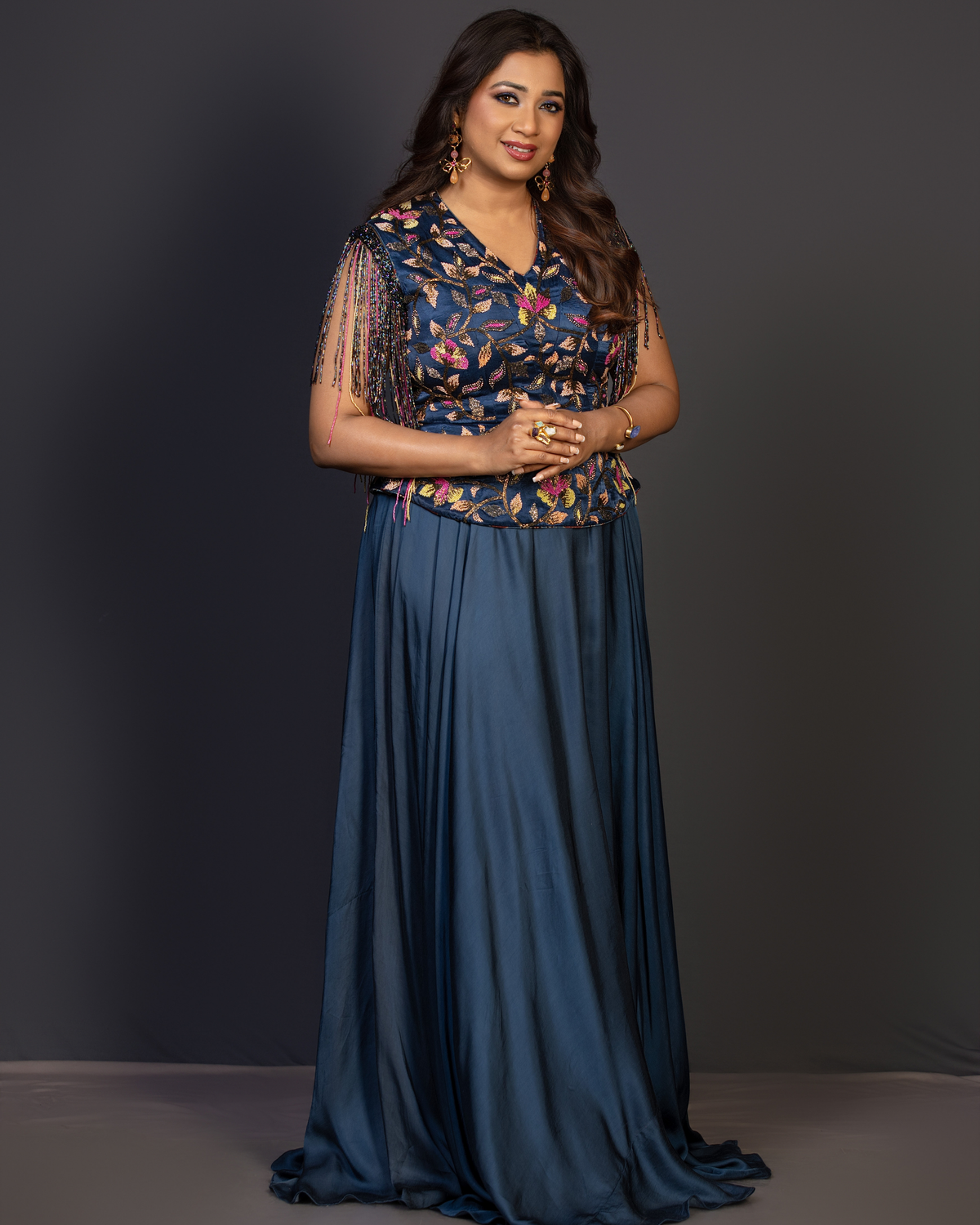 Shreya Ghoshal in Blue Yoke Embellished Gown