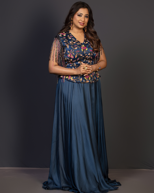 Shreya Ghoshal in Blue Yoke Embellished Gown