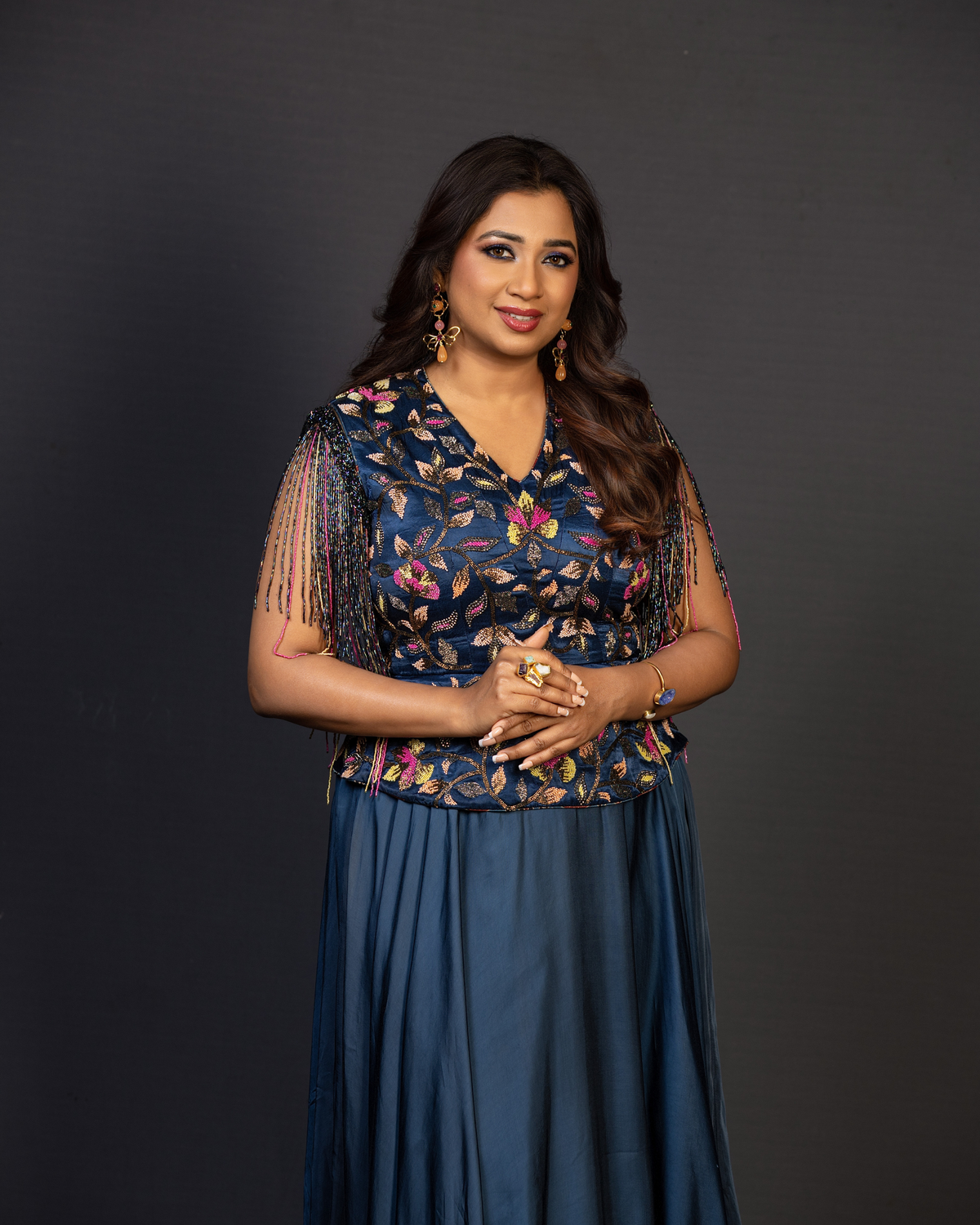 Shreya Ghoshal in Blue Yoke Embellished Gown
