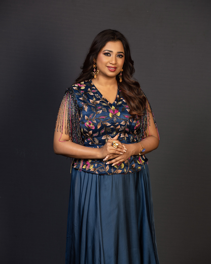 Shreya Ghoshal in Blue Yoke Embellished Gown