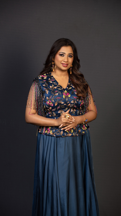 Shreya Ghoshal in Blue Yoke Embellished Gown