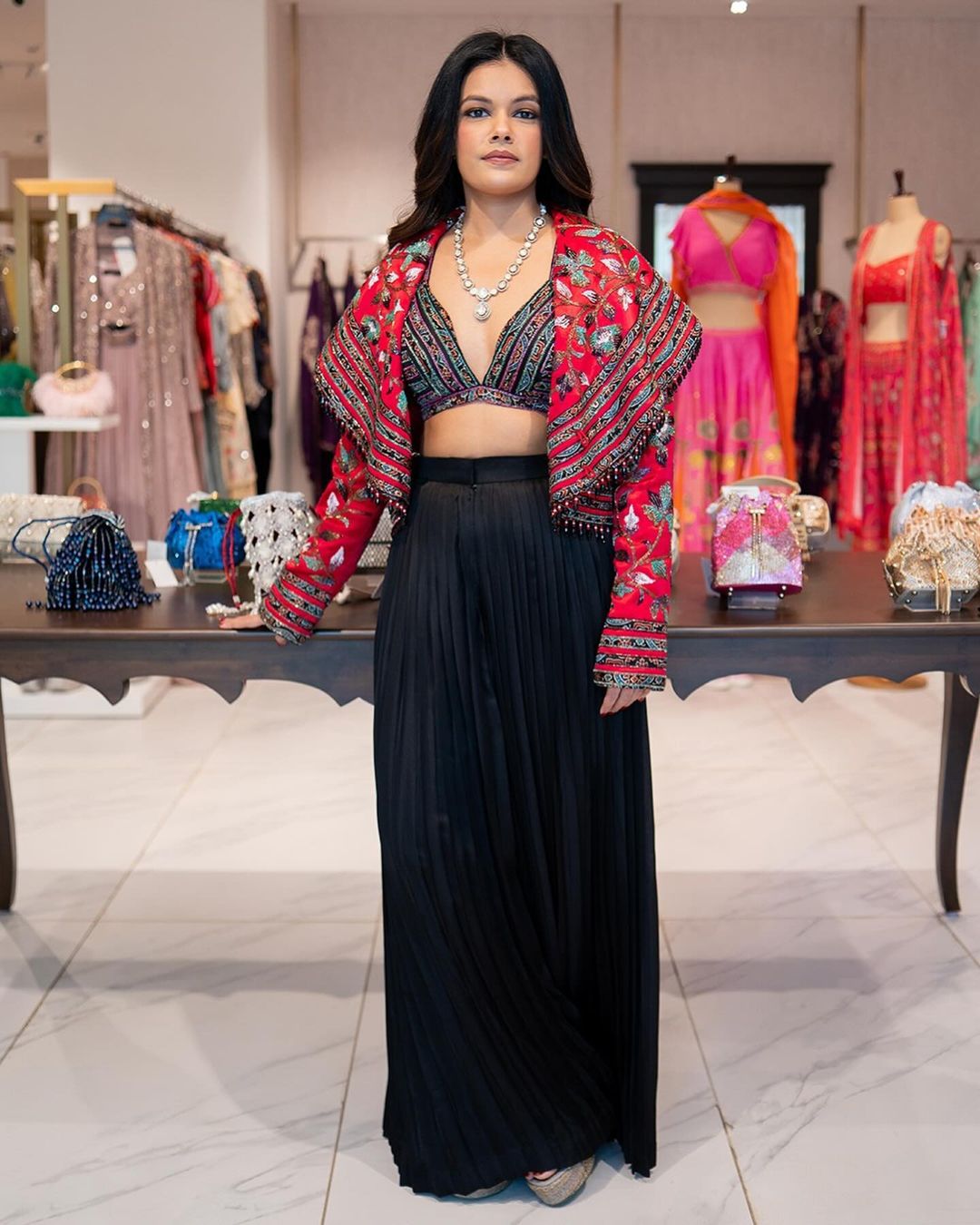 Shalva Shah in Black Leaf Embellished Cape Pant Set