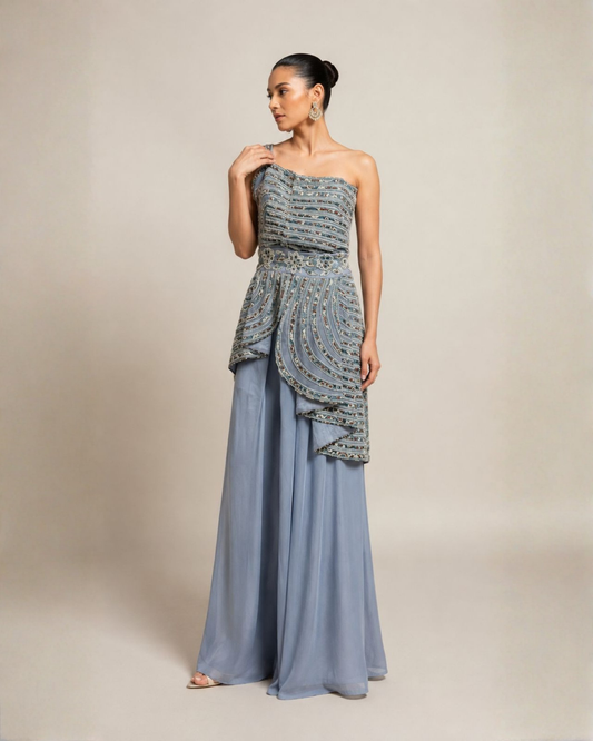 Steel Blue Embellished One-Shoulder Co-ord Set