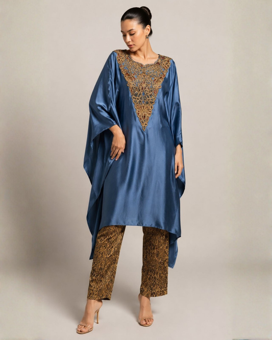 Steel Blue Embroidered Kaftan Kurta with Printed Straight Pants