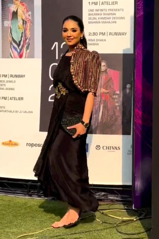 Sugandha Kedia in Black Ajrakh embellished jacket with drape tunic set