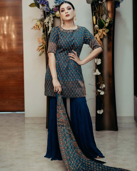 Sugandha Kedia in Blue Ajrakh Kurta Sharara Set
