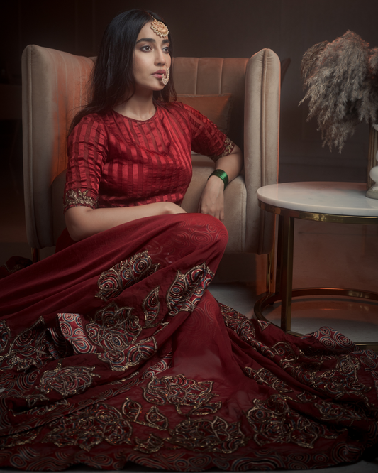 Surbhi Jyoti in Maroon Patchworked Anarkali with Ajrakh Pant
